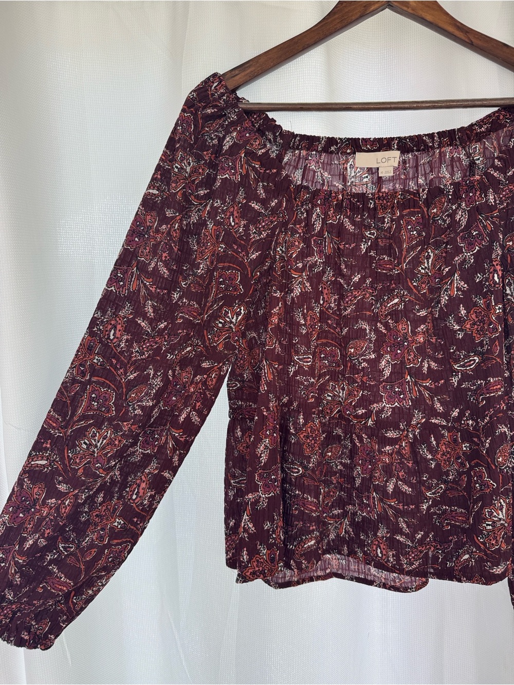LOFT Burgundy Paisley Smocked Neck Blouse